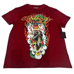 Ed Hardy T-Shirt Men's Size L Dragon‎ And Eagle Print Short Sleeve Wine NWT